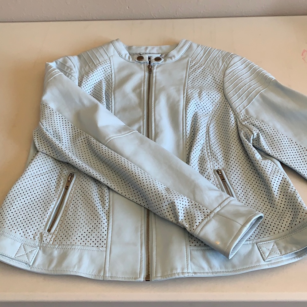 faux leather baby blue jacket